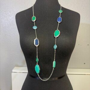 Long Station Necklace Silver-Tone Multi-Gemstone Blue & Green 40 Inches